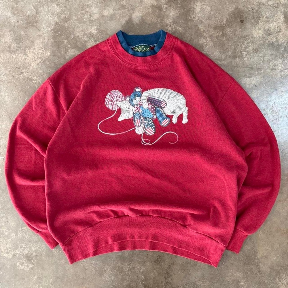 Vintage Calico Harbor Red Teddy Bear Kitten Crewneck Sweatshirt Womens Large 90s